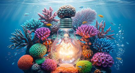 Glowing Light Bulb Surrounded by Colorful Coral Reef and Tropical Fish Underwater