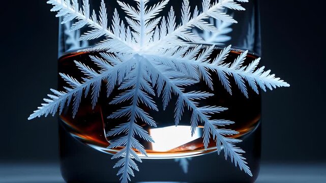 Rapid frost snowflake crystallizing on a glass of amber whiskey with a square ice cube in a dark cinematic 3D animation, illustrating cold refreshment concepts.
