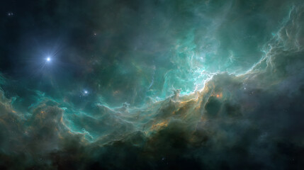 Luminous cosmic clouds with vibrant turquoise and golden hues nebula space