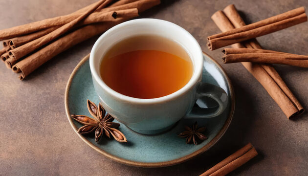 8k view chai tea with cinnamon sticks.