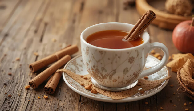 8k view chai tea with cinnamon sticks.