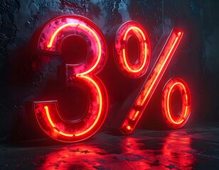 Illuminated, neon-style numeric "3" and a percentage symbol casting reflections on a dark, textured surface