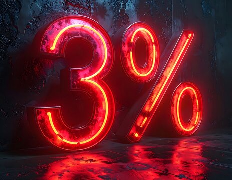 Illuminated, neon-style numeric "3" and a percentage symbol casting reflections on a dark, textured surface