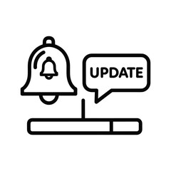Outline icon of a notification bell, an update message, and a progress bar, isolated on