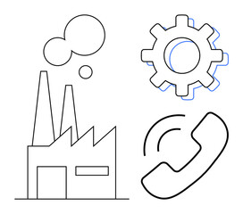 Factory building, cogwheel, and phone receiver illustrating industry, machinery, communication. Ideal for business, manufacturing, technology, logistics connectivity industrial operations