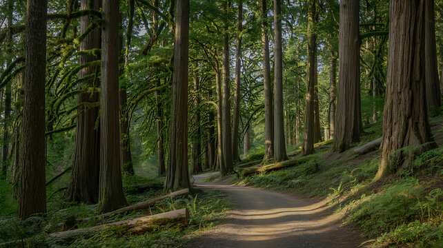 Sunlight streams through a lush green forest onto a winding trail