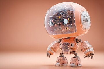 Cute orange robot character with transparent head showing circuit board and glowing electronics, futuristic AI mascot on peach background