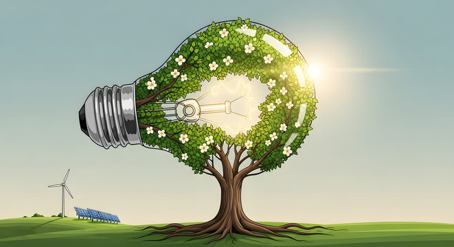 Tree Shaped Like a Light Bulb with Green Leaves, Renewable Energy Concept