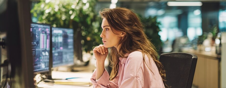 The woman at a computer analyzing data on multiple monitors in an office