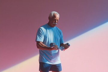Active senior African American man lifting dumbbells during strength training workout