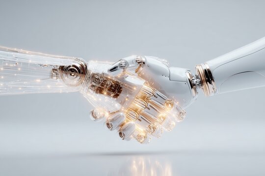 Two robots handshake symbolizing AI to AI partnership and future technology collaboration