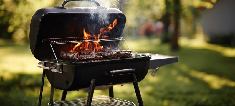The Grill Searing Steaks Over Open Flames In A Sunny Backyard Gathering