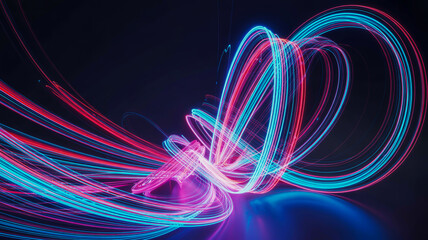 Abstract glowing neon light trails in vibrant blue and pink forming dynamic swirling shapes