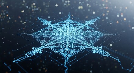 Intricate Blue Digital Snowflake Design on Dark Background.