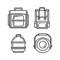 Set of four line art icons depicting various containers lunchbox, backpack, and food storage items