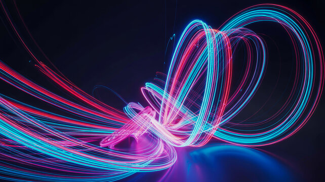 Abstract glowing neon light trails in vibrant blue and pink forming dynamic swirling shapes