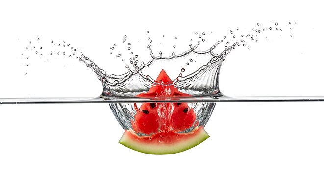 Watermelon slice splashing into water creating a beautiful crown.
