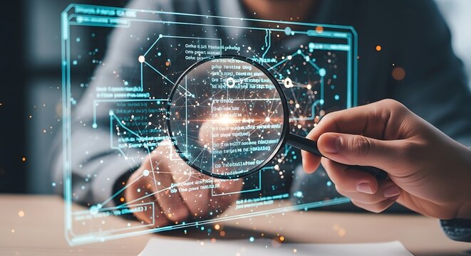 Analyzing Data: Magnifying Glass Examining Glowing Digital Information on Screen with Person Holding Lens, Focusing on Insights.