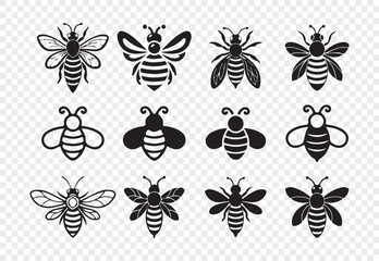 Set of various bee icons isolated on transparent background vector illustration for bee logo