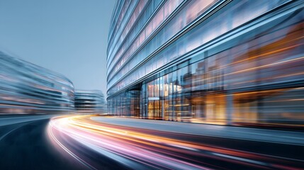 Long exposure shot of traffic light trails moving through a modern city at dusk.