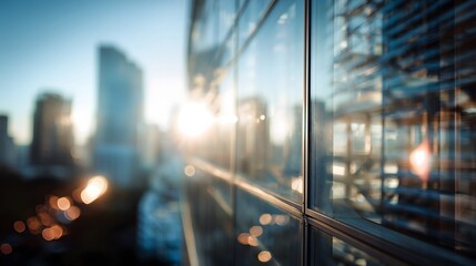 Modern glass skyscraper reflecting the golden sunrise over a bustling city skyline.