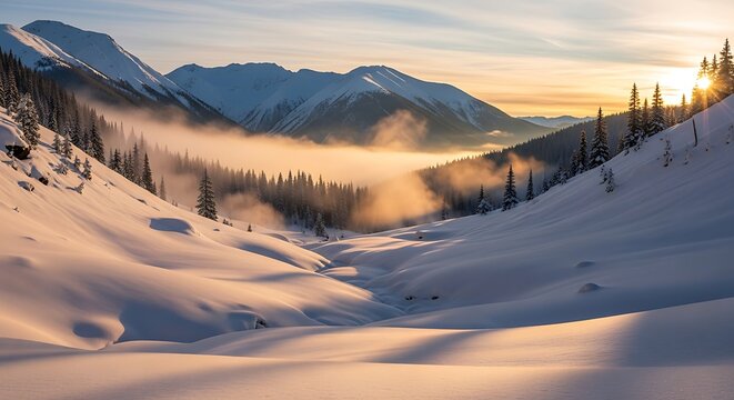 Snowy mountain valley at sunrise with fog - Powered by Adobe