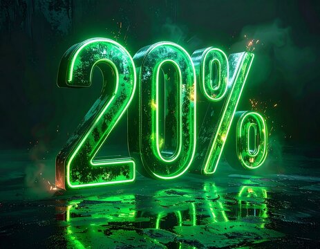 Illuminated, three-dimensional numeric symbol displaying "20%" with a vibrant green neon glow against a dark, textured background