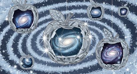 Three Glass Apples Filled with Snowflakes Floating in Cosmic Galaxy Background