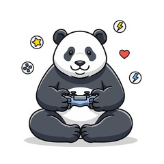 Obraz premium Playful panda cartoon character holding a game controller, surrounded by gaming icons, ideal for children's content, animal lovers, gaming promotions, and fun social media posts