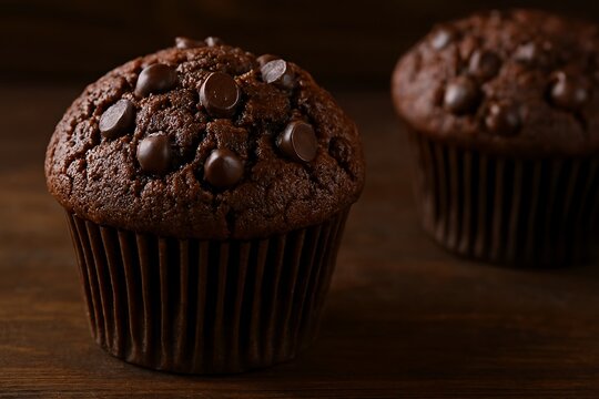 Delicious double chocolate chip muffins on a dark wooden surface.