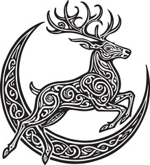 Celtic deer jumping over crescent moon, ornate knotwork design