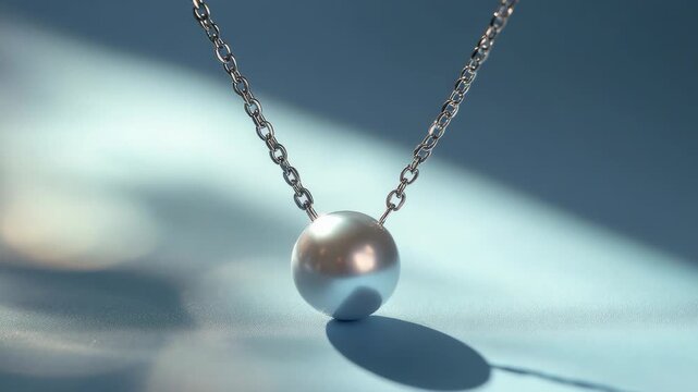 Video A single white pearl on a silver chain placed on a blue surface, perfect for jewelry or beauty