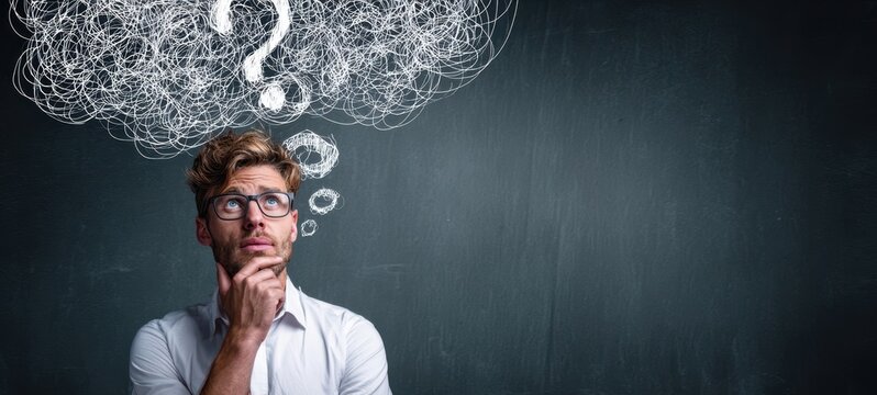 The Thinking Man with a Chalkboard Question Mark Cloud Above His Head