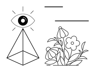 Geometric translucent pyramid beneath an all-seeing eye emitting rays next to a cluster of stylized flowers. Ideal for visions, spirituality, balance, growth, mystery, enlightenment, minimal flat