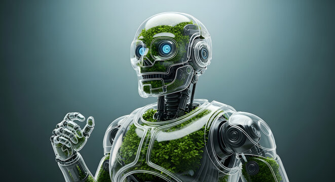 Bio-Robot with Clear Casing and Green Moss Inside, Sustainable AI Concept