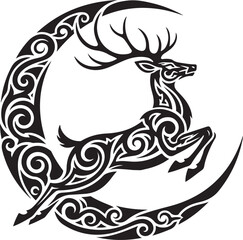 Stylized deer leaping within ornamental crescent moon graphic