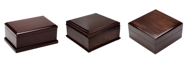Elegant wooden boxes displayed on transparent background product photography studio setting