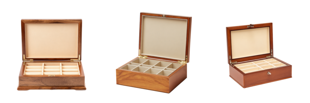 Elegant wooden jewelry boxes studio product photography transparent background close-up