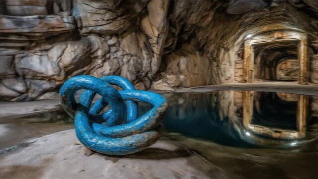 A blue sculpture of interlocked rings rests near a reflecting pool in a natural cavern