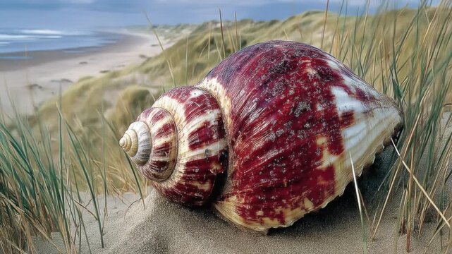 A large, colorful seashell rests on the sand with tall grass in foreground and a beach in the background