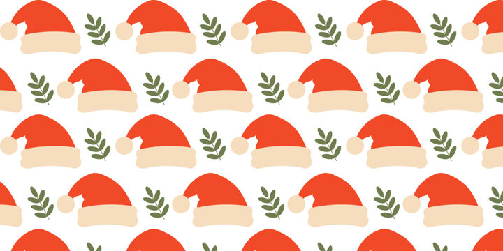 Charming, hand-drawn style seamless pattern featuring orange-red Santa Claus hats and simple green leafy sprigs on a white background. Perfect for cozy Christmas themes, hygge decor, winter greeting c - Powered by Adobe