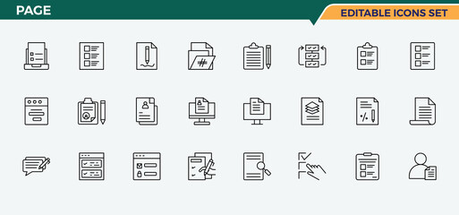 Page icon collection. Includes symbols for form, report, data, document, text and more. Form icon set. Collection of simple line web icons. Editable vector illustration.