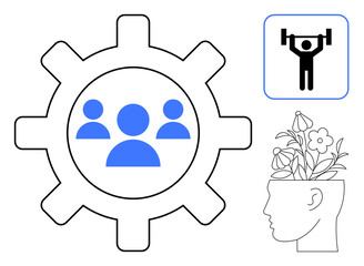 Gear with a group icon for teamwork, brain with flowers symbolizing personal growth, weightlifter icon for strength. Ideal for collaboration, self-improvement, growth mindset, fitness, mental health