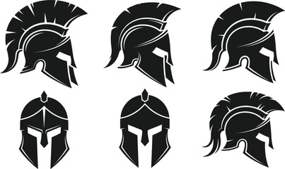 Spartan helmet black silhouette vector icon set, Roman gladiator, ancient warrior, Greek soldier symbol collection for history, strength, and military concepts