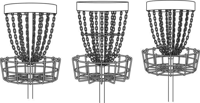 Disc golf basket line art vector set, collection of target or hole with chains and cage, outdoor flying disc sport, recreational game equipment graphic