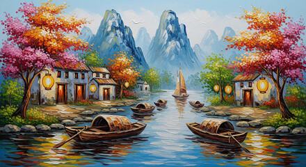 3D Oil-Relief Wall Mural of River Village with Wooden Cottages and Trees, Wall Decor Canvas Painting Design, 3D Oil-Relief Wallpaper, 3D Mural Wallpaper, 3D Wall Mural Design.