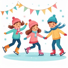 Cheerful children joyfully ice skating together under festive winter banners, capturing the essence of winter fun and childhood delight on the ice rink