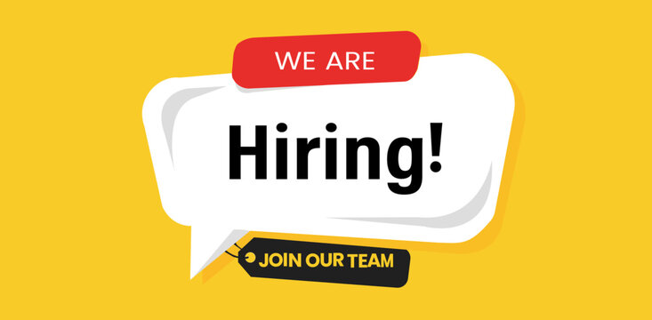 Yellow background with we are hiring message in a white speech bubble and join our team tag line