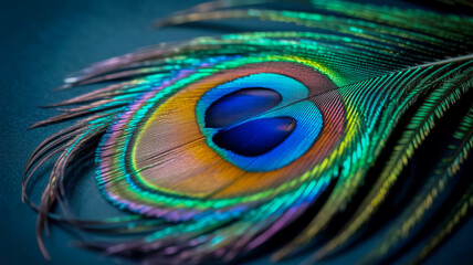 Obraz premium Close up macro shot of a vibrant, iridescent peacock feather eye detail