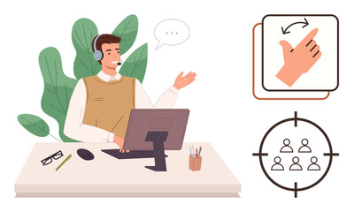Man at desk using headset and computer, gesturing to explain. Includes hand gesture for action and audience targeting icon. Ideal for support, communication, teamwork, education, leadership